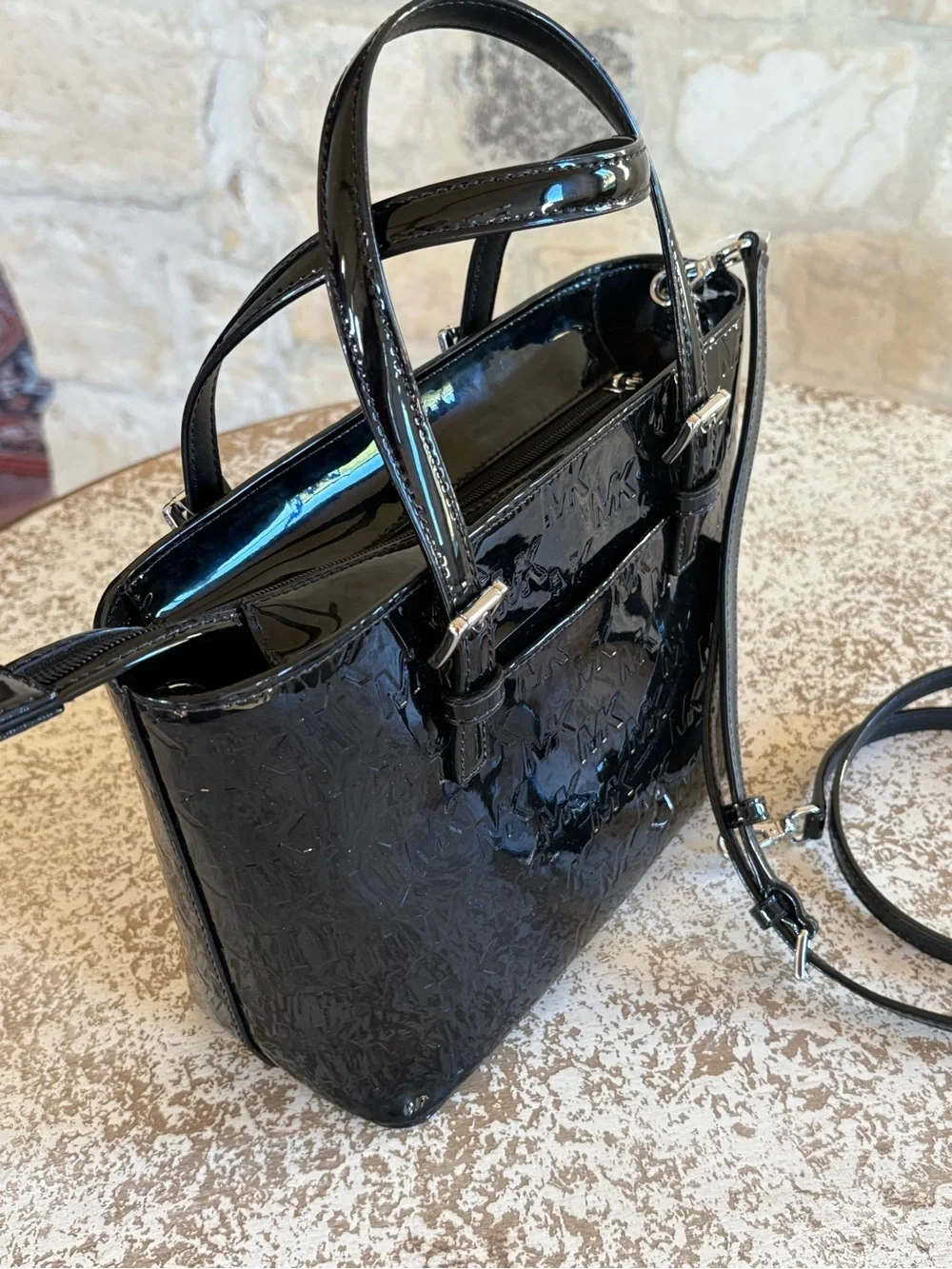 Michael Kors Black Patent Leather Satchel with Logo Charm